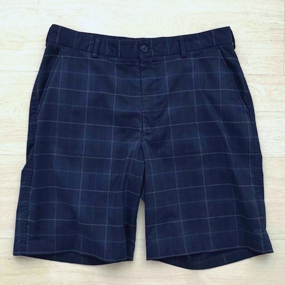 Pebble Beach Performance Golf Shorts Mens 34 Navy Blue Plaid Stretch Flat Front